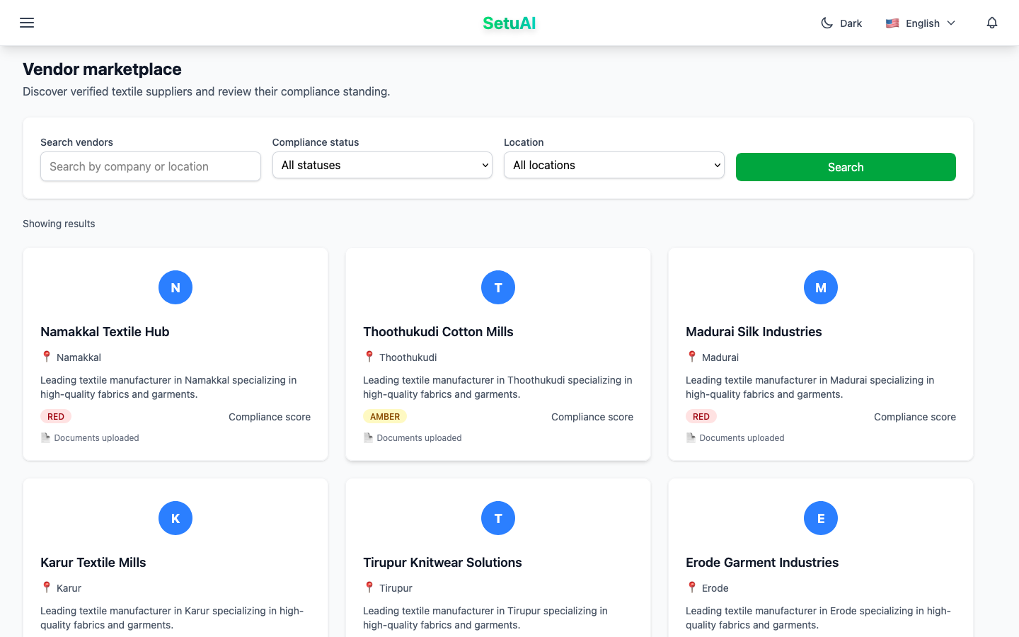 SetuAI buyer marketplace showing textile vendors and compliance states