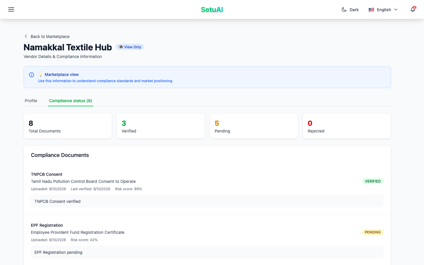 SetuAI vendor compliance detail with document verification states